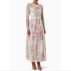 Anthropologie Needle & Thread Long Sleeve Sequin Floral Sweet Posey Bodice Dress